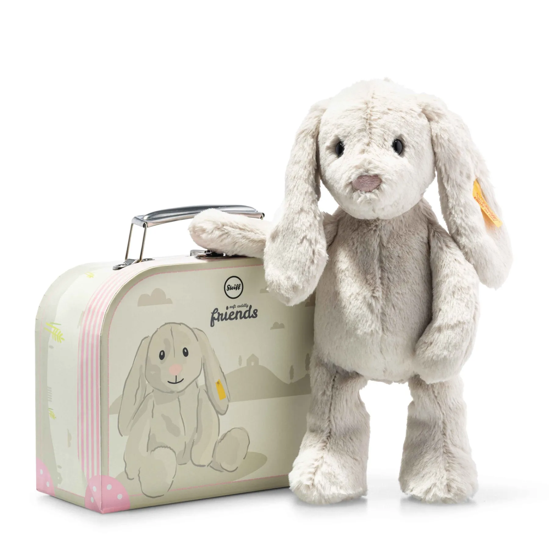 Enfant Steiff Anniversaire | Friends*Lapin Hoppie dans sa valise, 26 cm, gris clair